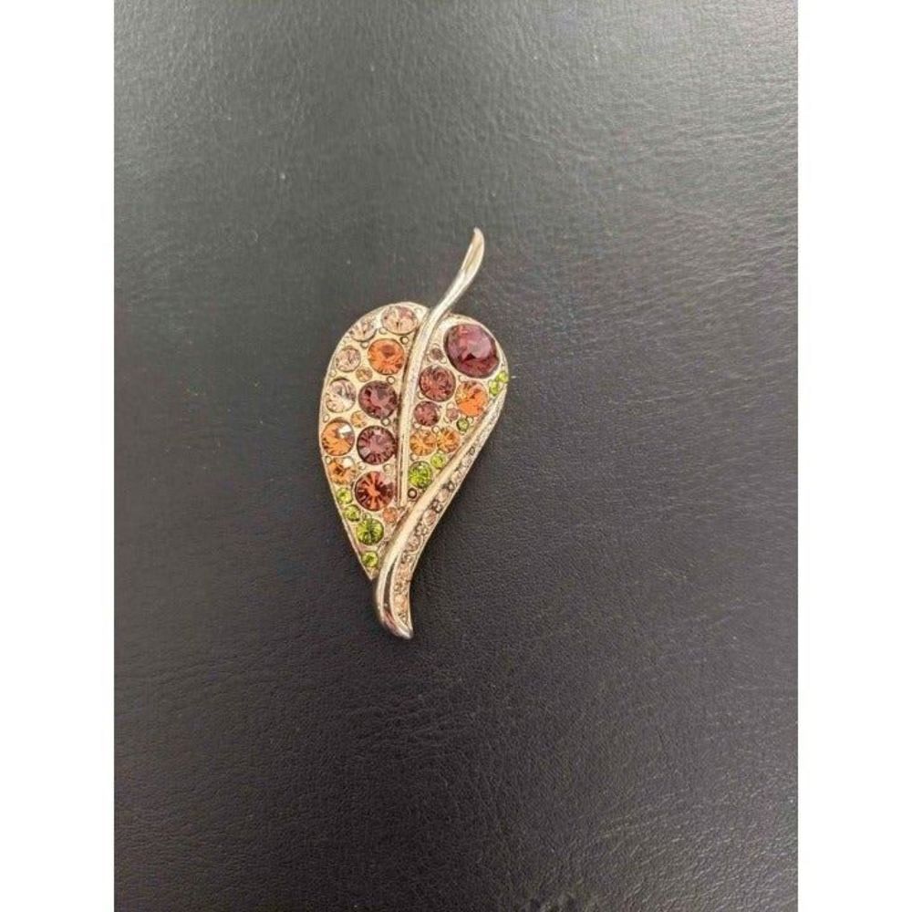 Vintage Topaz And Amber Rhinestone Leaf Botanical Brooch Pin Costume Jewelry